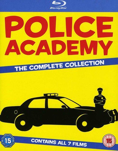 Yellow “Police Academy: The Complete Collection” Blu-ray cover with a police car silhouette.