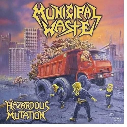 Album cover for Municipal Waste’s “Hazardous Mutation” featuring a red dump truck.
