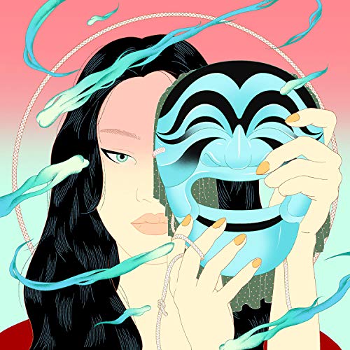 Illustration of a woman holding a blue, crying mask with flowing teal lines.