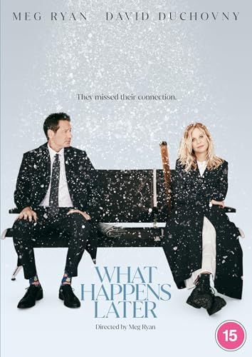 Meg Ryan and David Duchovny sit on an airport bench amidst falling snow.