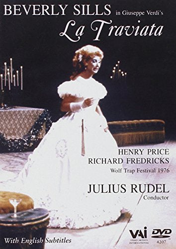 DVD cover for Verdi's La Traviata featuring Beverly Sills in a white gown.