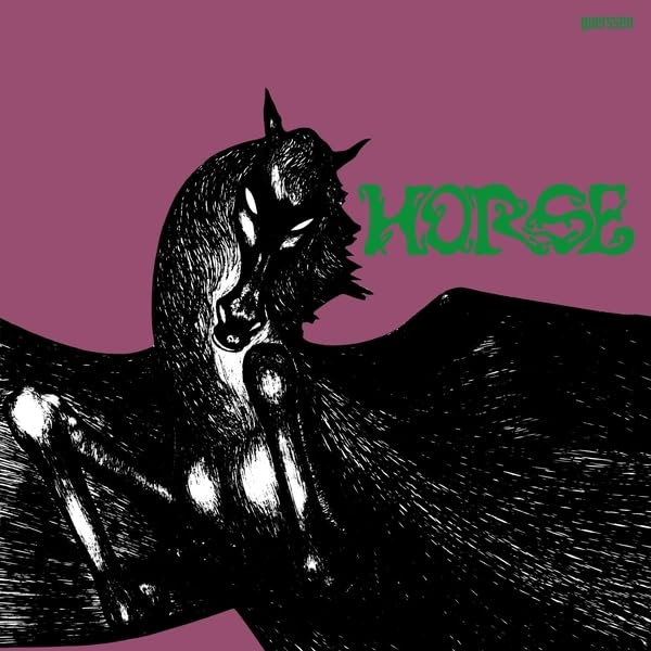 Black and white illustration of a horse head and neck with green text.