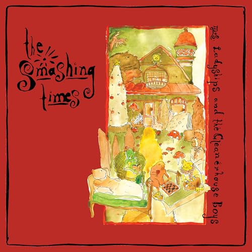 Red album cover with painted illustration of a house and figures.