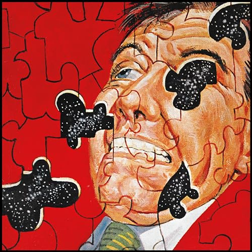 Painted portrait of a man’s face as a fragmented puzzle, red background.