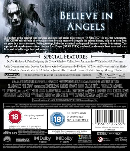 Back of "The Crow" UHD Blu-ray case with dark imagery and barcode.