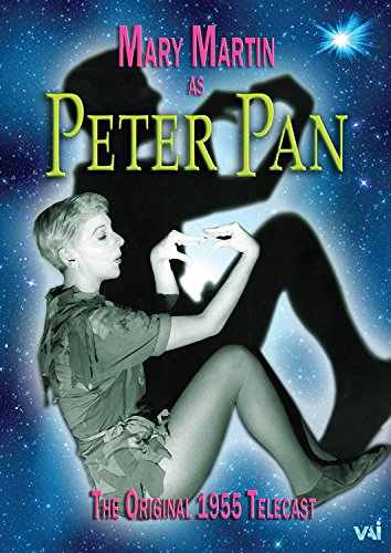 Mary Martin as Peter Pan against a starry blue background with a large shadow.