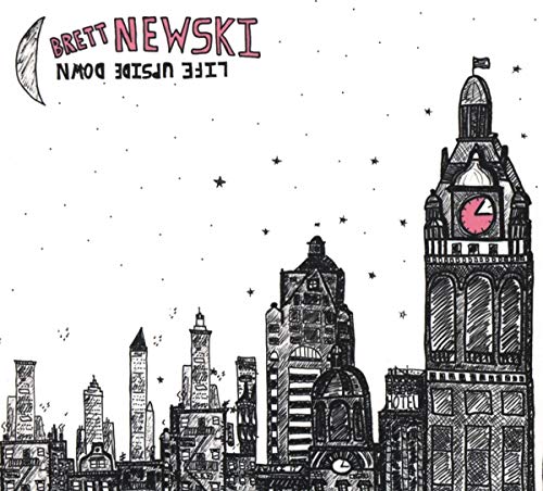 CD cover with sketched cityscape, moon, and clocks against white.