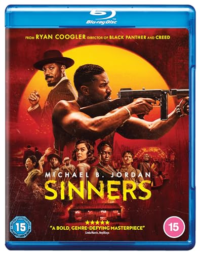 Sinners" Blu-ray cover featuring Michael B. Jordan aiming a gun, dramatic orange background.
