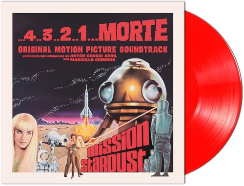 Red vinyl record with cover art depicting a sci-fi scene and blonde woman.
