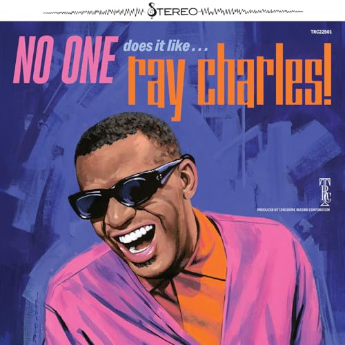 Ray Charles album cover, smiling with sunglasses, pink jacket, blue background.