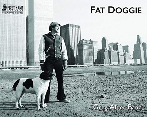 Man with dog in front of a cityscape, album cover.