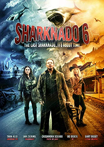 “Sharknado 6” DVD cover featuring sharks, a tornado, and actors Ian Ziering and Tara Reid.