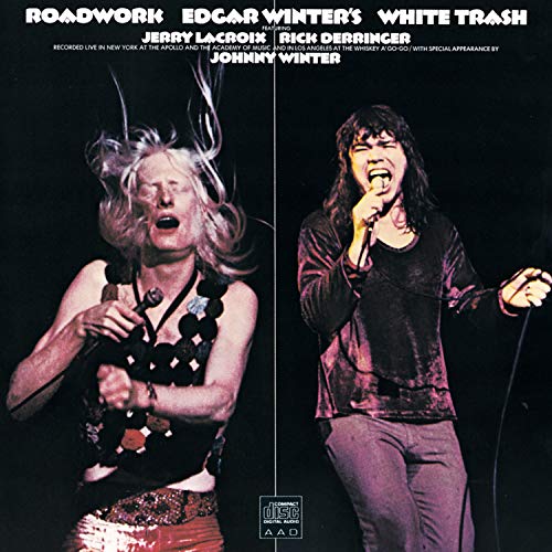 CD cover for Edgar Winter’s “Roadwork” featuring two musicians performing live.