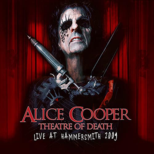 Alice Cooper album cover: theatrical makeup, syringe, red curtains, and text.