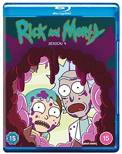 Blu-ray case for Rick and Morty Season 4, featuring cartoon characters.