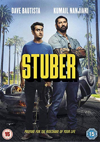 Stuber" DVD cover featuring Dave Bautista and Kumail Nanjiani with a car.