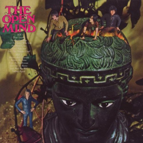 Album cover for "The Open Mind" featuring figures on a green brain.