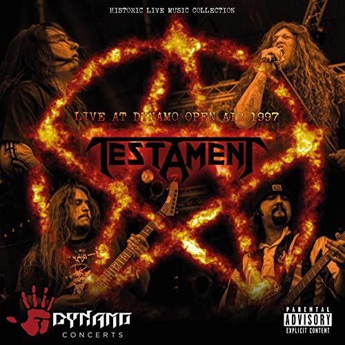 Testament band members performing live with fiery effects, CD cover art.
