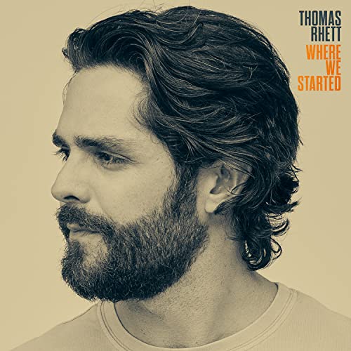 Side profile portrait of Thomas Rhett with text Where We Started on beige background.