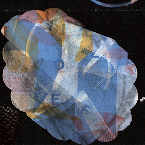 Abstract collage of blue, yellow, and red shapes with letters on a black background.