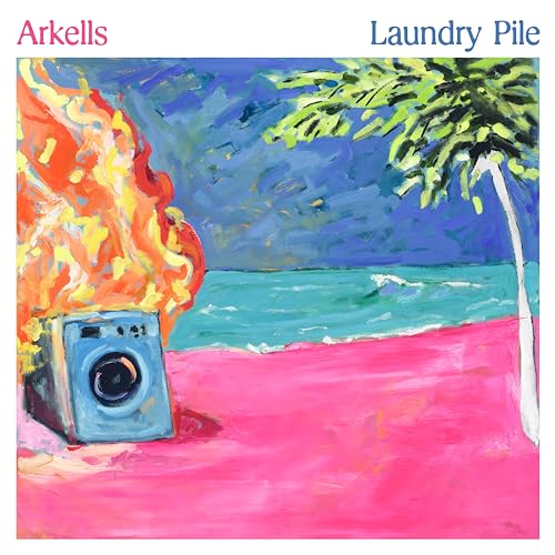 Arkells’ “Laundry Pile” album cover: a burning washing machine on a beach.