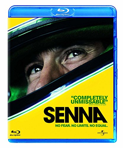 Senna" DVD cover featuring Ayrton Senna in a racing helmet, close-up.