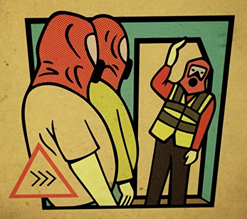 Retro-style album cover featuring two figures in masks, a warning triangle.