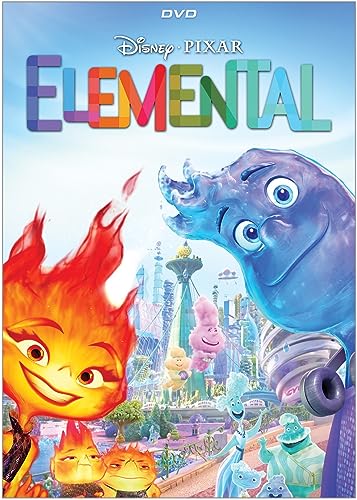 Elemental DVD cover featuring fire and water characters in a city.