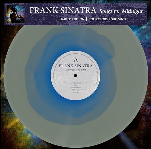 Blue and white vinyl record, “Songs for Midnight” by Frank Sinatra.
