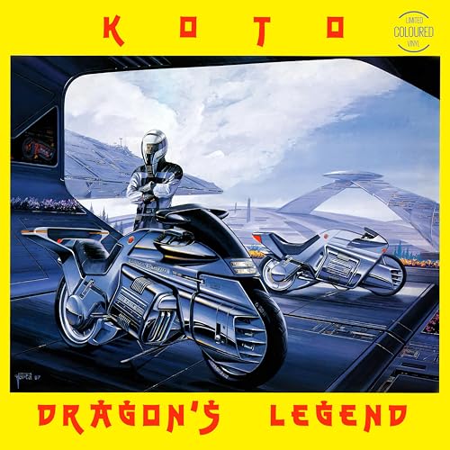Dragons Legend" vinyl record cover featuring futuristic motorcycles and a rider.