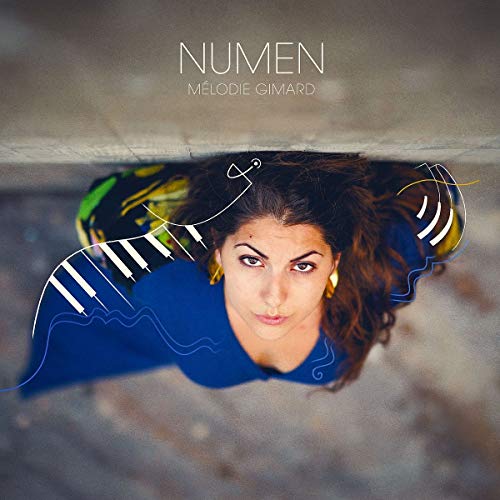 CD cover: woman looking up, with piano keys and abstract lines.