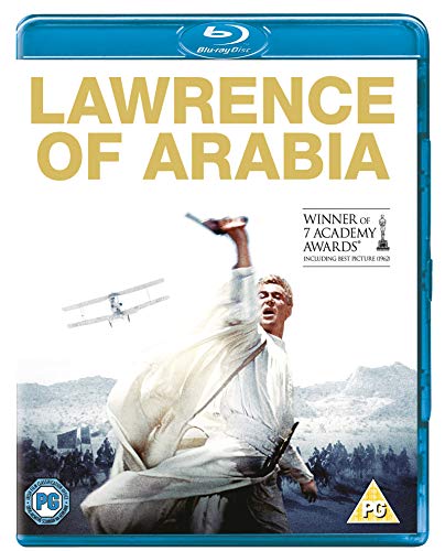 Blu-ray cover for "Lawrence of Arabia" featuring Peter O'Toole in desert attire.
