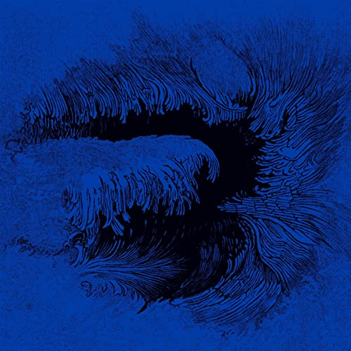 Blue abstract album cover with swirling, textured lines and a dark center.