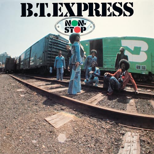 B.T. Express album cover featuring a band beside a long freight train.