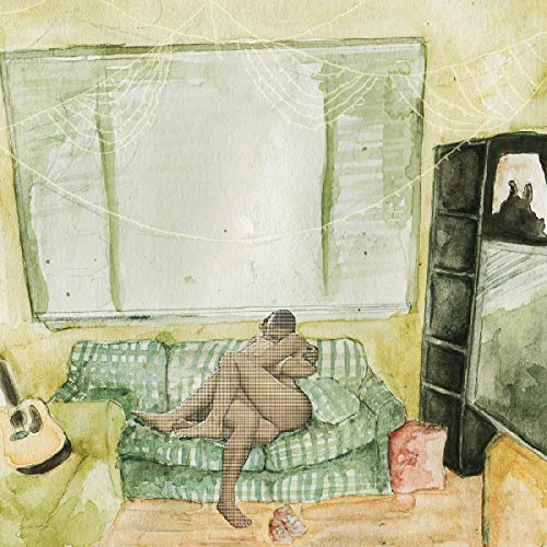 Watercolor painting of a person lying on a green couch in a room.