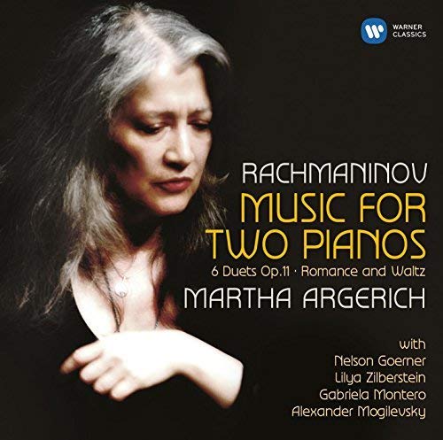 CD cover featuring pianist Martha Argerich, text "Rachmaninov Music for Two Pianos".