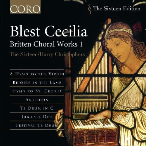 CD cover: woman at organ, text listing Britten choral works.