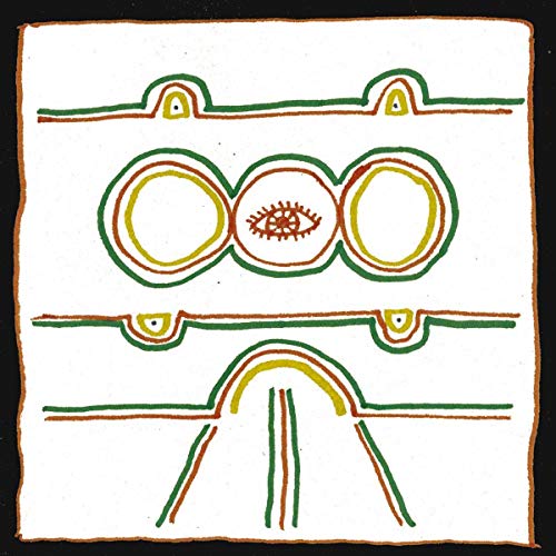 Hand-drawn white square with green, orange, and brown circular and linear designs.