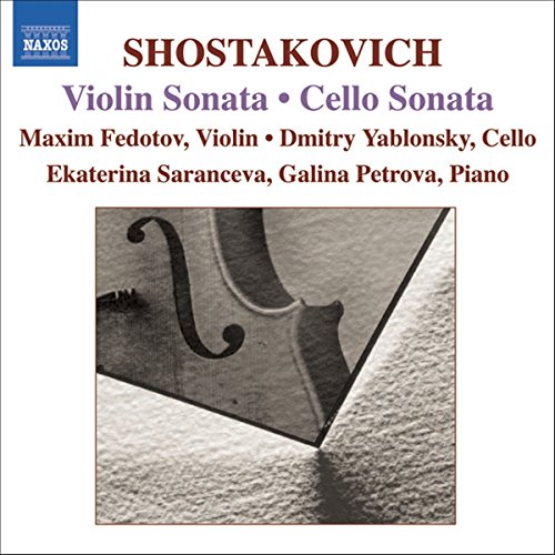 CD cover for Shostakovich sonatas, featuring a violin and cellist.
