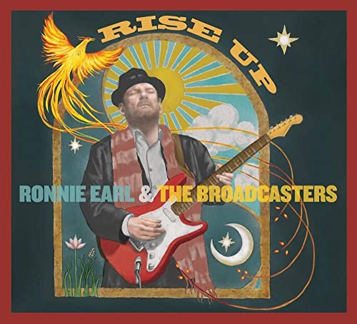 CD cover: guitarist with a phoenix, sun, and crescent moon design.
