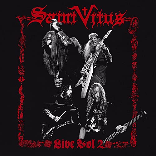 Saint Vitus band members performing live, black and white with red accents.