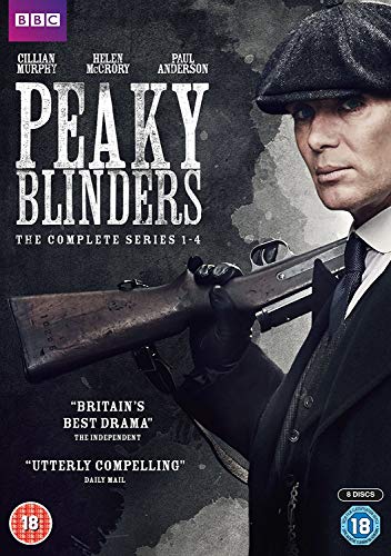 Peaky Blinders DVD cover featuring Cillian Murphy in a flat cap, holding a gun.