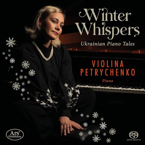 Violina Petrychenko portrait with piano, snowflakes, and album title "Winter Whispers".