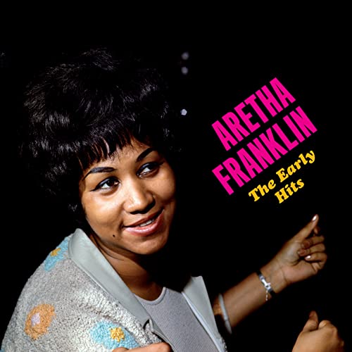 Aretha Franklin portrait album cover, pink text on dark background.