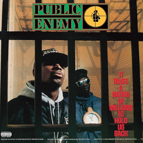 Public Enemy album cover: two men behind bars, red text, vinyl record.