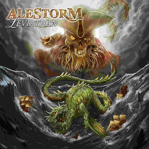 Album cover: pirate skeleton, sea serpent, stormy waves, and sinking ships.