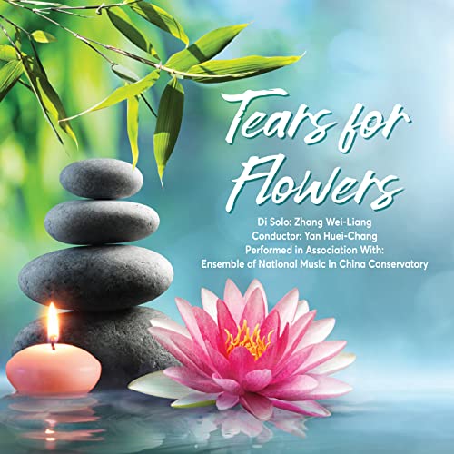 CD cover: stacked stones, lotus, candle, and calligraphy reading “Tears for Flowers”.