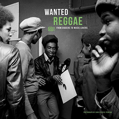 Black and white album cover for “Wanted Reggae” featuring people with records.