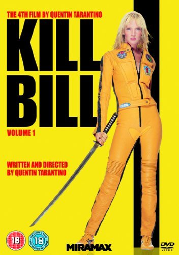 “Kill Bill, Volume 1” DVD cover featuring Uma Thurman in a yellow jumpsuit.