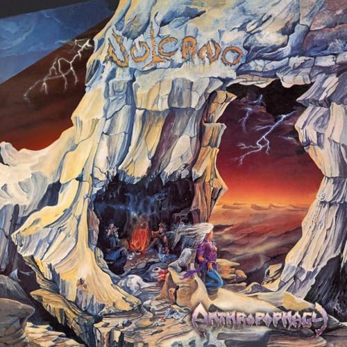 Painted album cover depicting a volcano and figures around a fire.